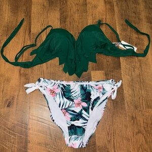 Green Push Up Bikini Top and Floral Bottom Set